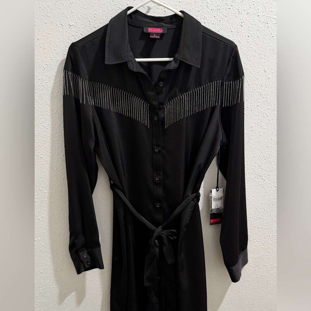 Rock & Roll Cowgirl Black Rhinestone-Trim Shirt Mini Dress